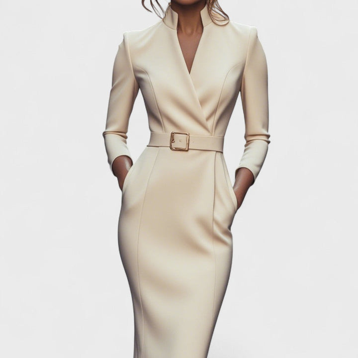 Joana - Vestido preto elegante com cinto e gola mandarim