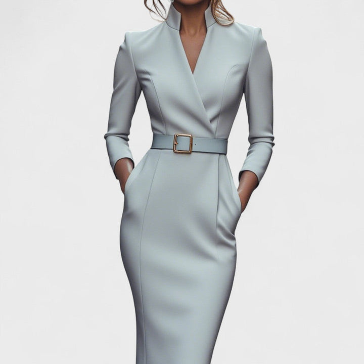 Joana - Vestido preto elegante com cinto e gola mandarim