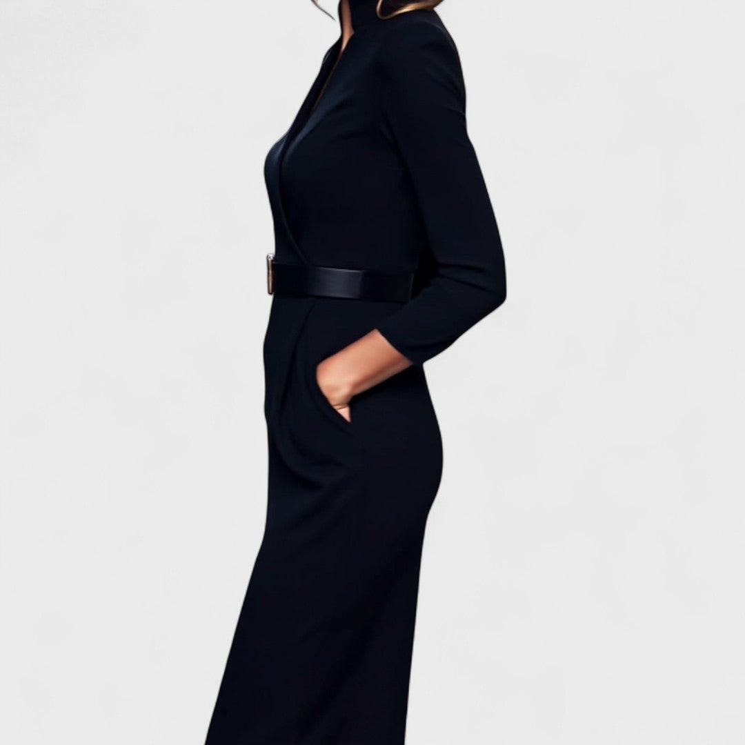 Joana - Vestido preto elegante com cinto e gola mandarim