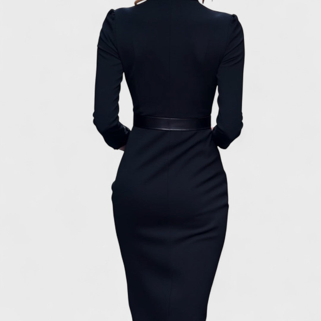 Joana - Vestido preto elegante com cinto e gola mandarim