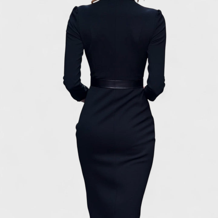 Joana - Vestido preto elegante com cinto e gola mandarim