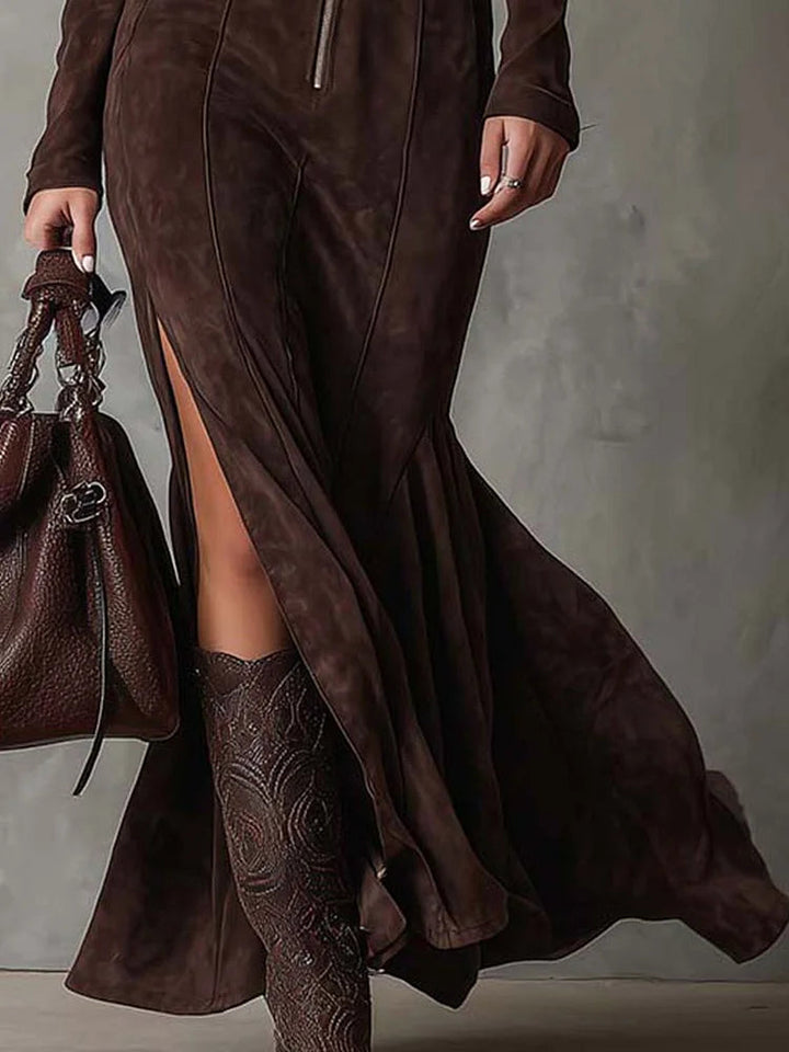 Catarina - Vestido longo vintage castanho com cinto